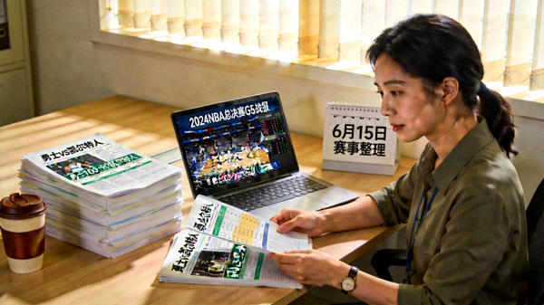 体育新闻编辑整理赛事资讯与赛后战报的工作场景
